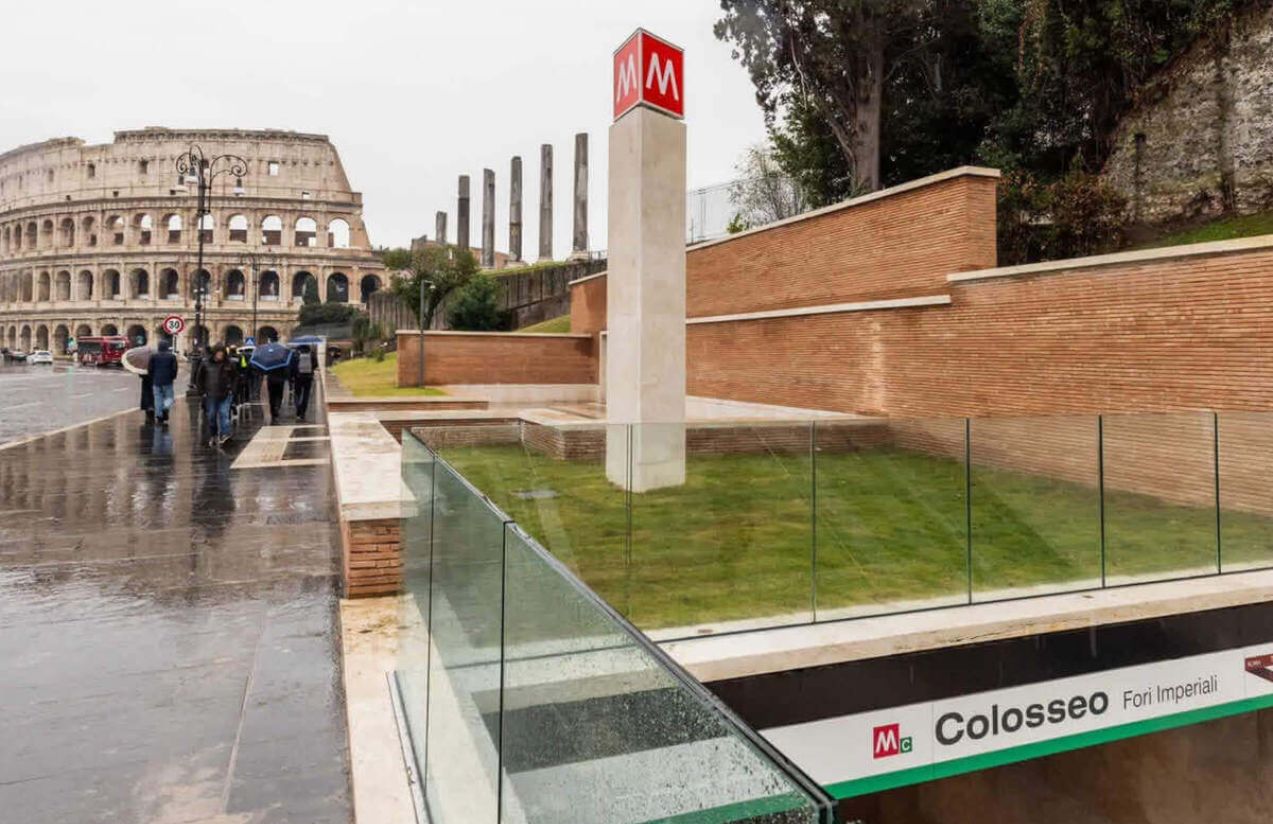 The new entrance to the Rome metro, with the majestic Roman Colosseum in the background