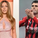 On one side, the beautiful actress wearing a stunning elegant dress, and on the other, the famous soccer player wearing his AC Milan uniform