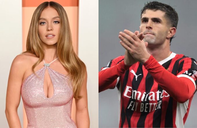 On one side, the beautiful actress wearing a stunning elegant dress, and on the other, the famous soccer player wearing his AC Milan uniform