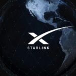 An image of the Earth with many satellites surrounding it, and in the center the word “Starlink” along with the SpaceX logo