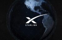 An image of the Earth with many satellites surrounding it, and in the center the word “Starlink” along with the SpaceX logo