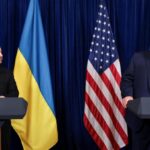 Trump and the president of Ukraine on two stages giving speeches about the future of the war and a peace agreement