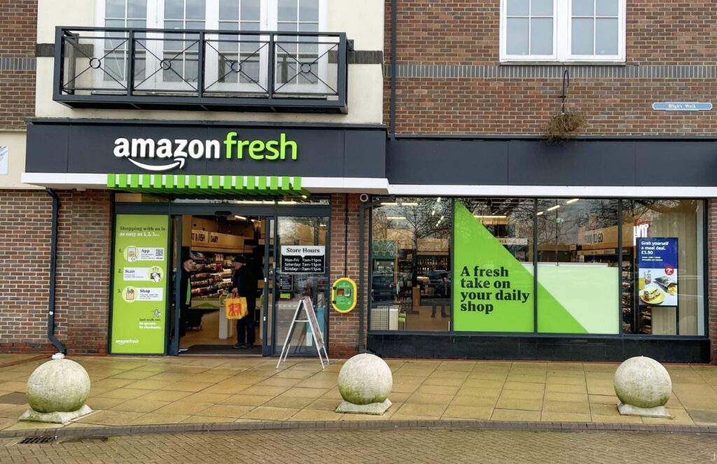 Amazon shuts down its Amazon Fresh and Amazon Go stores in the U.S. to focus on delivery and Whole Foods One of the Amazon Fresh stores with its recognizable green, white, and black colors