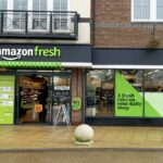 One of the Amazon Fresh stores with its recognizable green, white, and black colors
