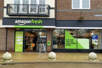 One of the Amazon Fresh stores with its recognizable green, white, and black colors