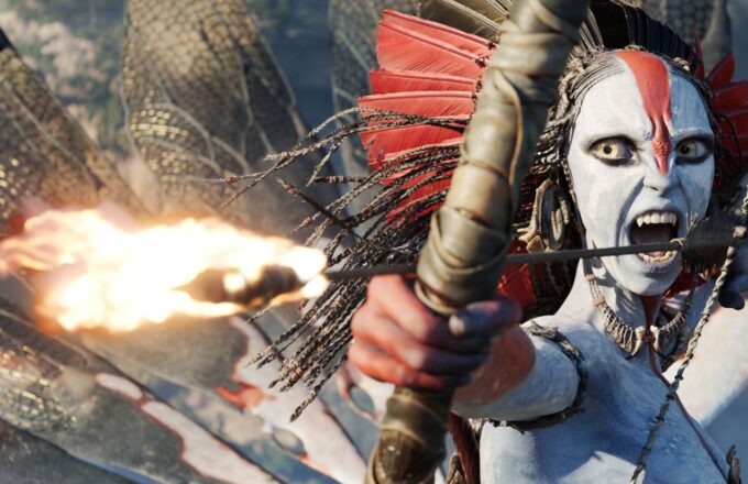 The villain of the third Avatar movie holding a bow with a flaming arrow, about to fire it