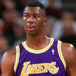 The famous former player wearing a Lakers jersey