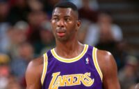 The famous former player wearing a Lakers jersey