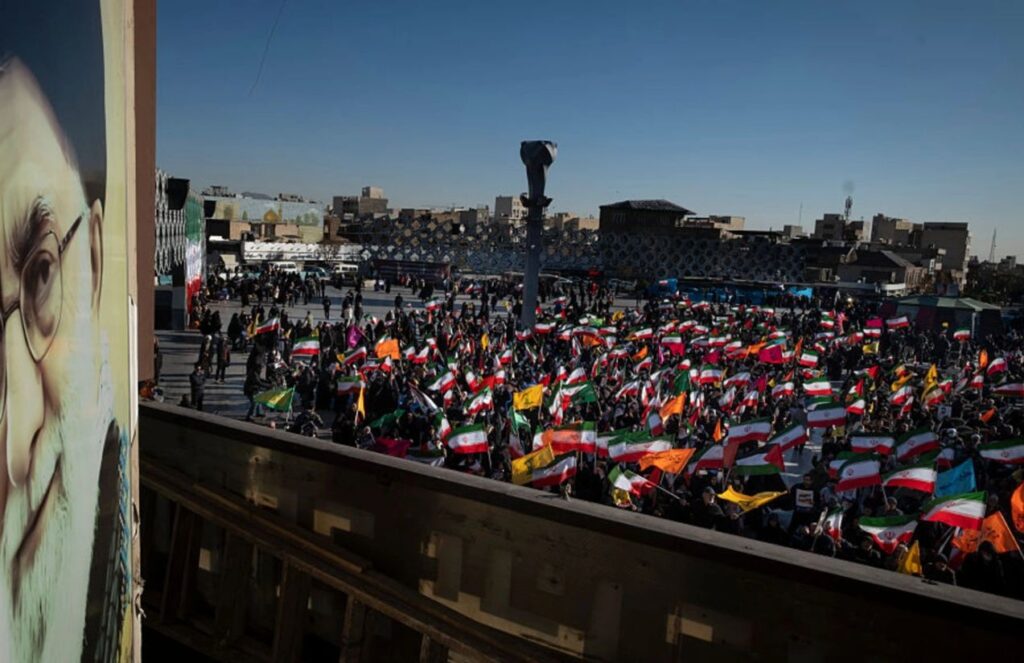 A crowd of Iranians taking to the streets of their country in protest over the internet ban