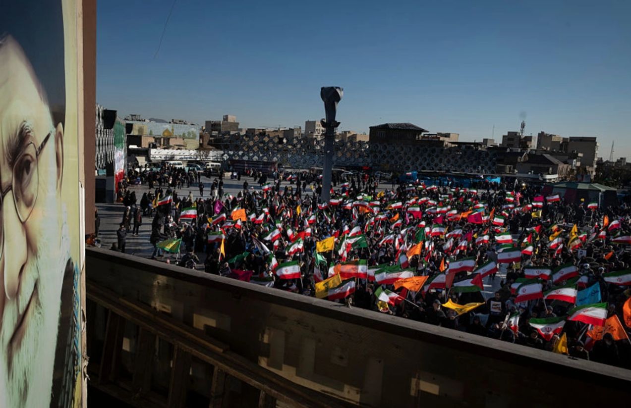 A crowd of Iranians taking to the streets of their country in protest over the internet ban
