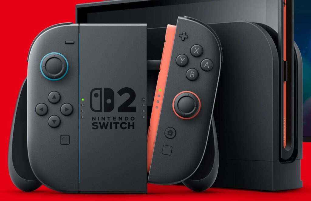 The new Nintendo console with its two joysticks and screen, with the box it is shipped in shown behind it