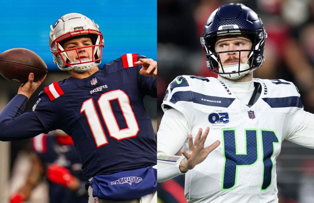 The quarterbacks of both teams focused and about to throw the ball