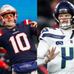 The quarterbacks of both teams focused and about to throw the ball