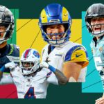 Four key NFL players from their respective teams, all wearing helmets and in the middle of a game