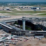 The magnificent Chicago airport with many planes parked
