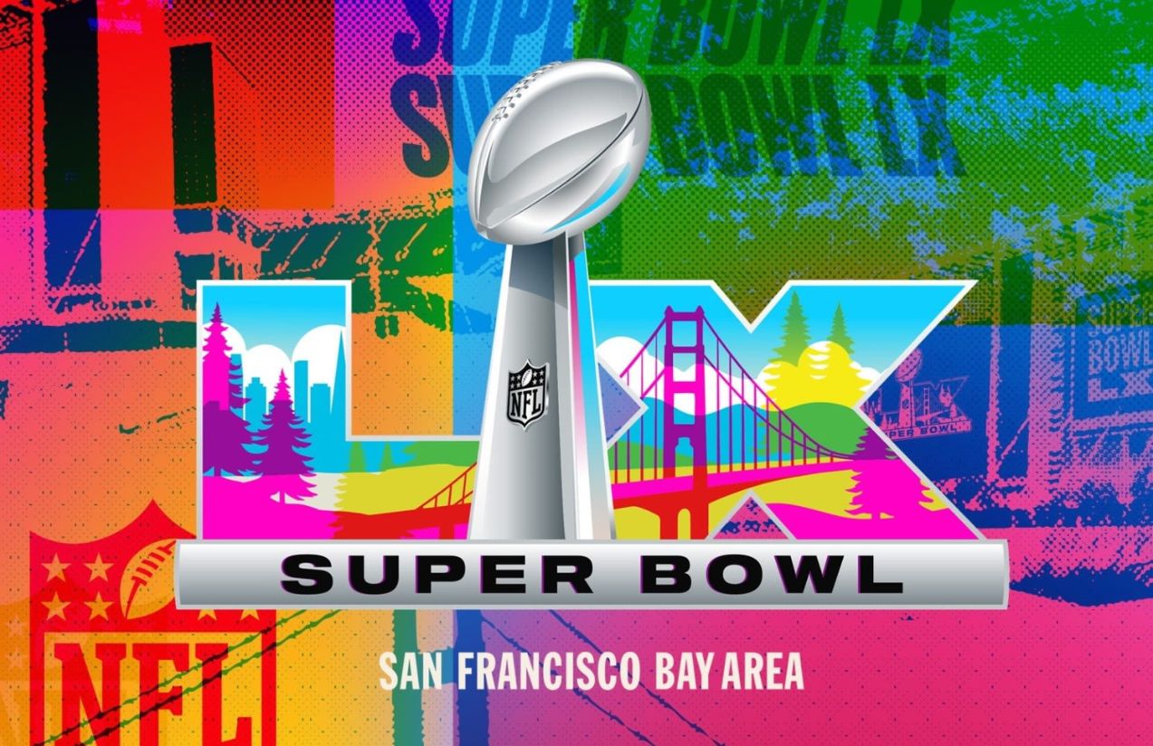 The Super Bowl LX logo with many colors and an eye-catching background featuring iconic landmarks of San Francisco and California
