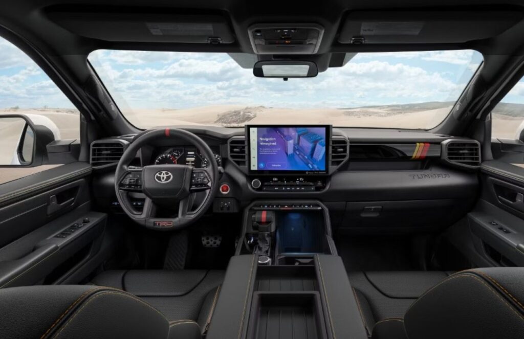 Toyota recalls more than 160,000 pickup trucks in the U.S. due to defective screens A view of the interior of a Tundra, showing the two seats, the screen, and the steering wheel of the powerful vehicle