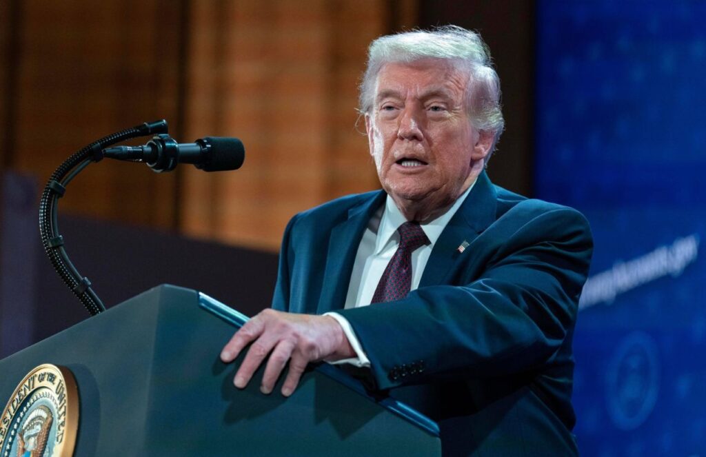 United States imposes nearly $1 Million fine on immigrant for failing to leave the country Trump on a stage speaking to a crowd of people