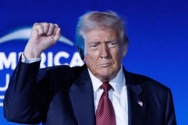 Donald Trump raising his clenched right fist toward the entire audience at his conference