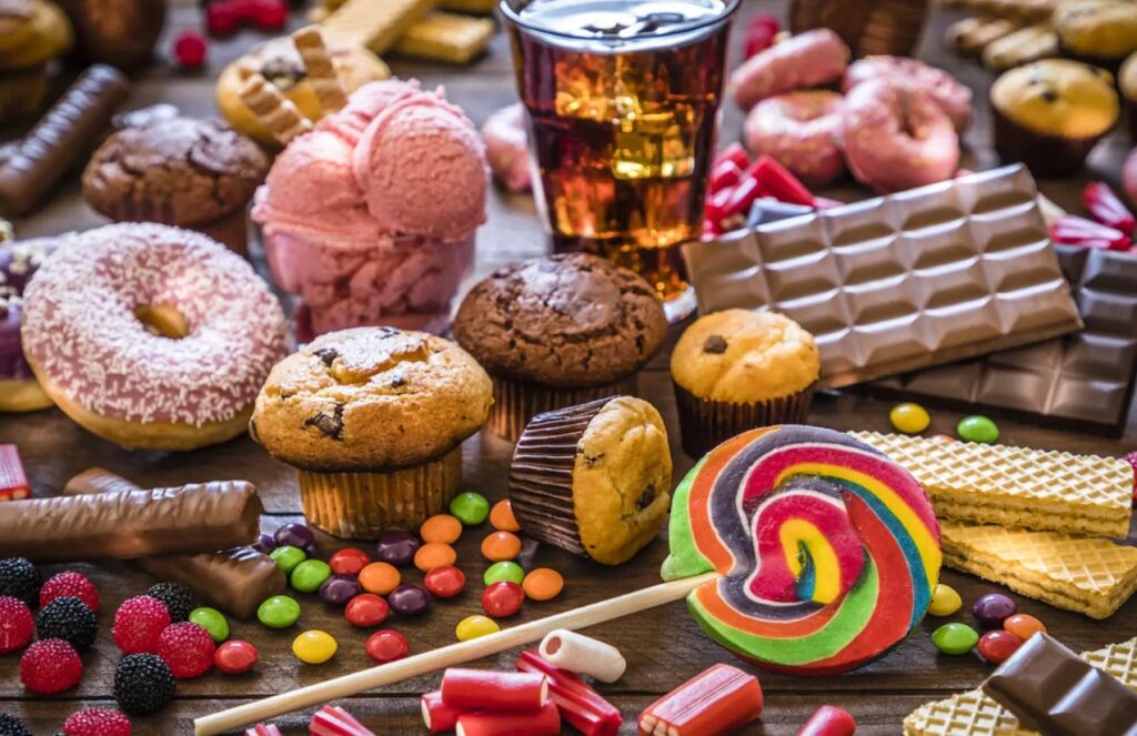 A table full of sweets, puddings, hamburgers, and many other ultra-processed foods