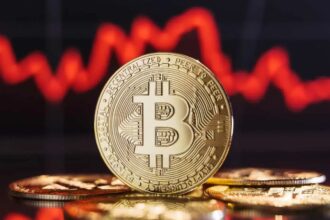 A physical coin representing Bitcoin with a red negative index in the background