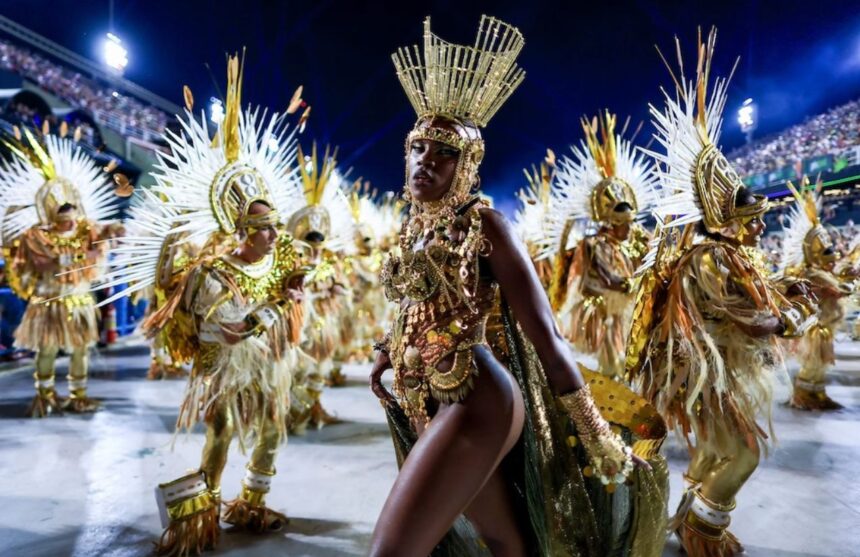 A striking and well-known Brazilian Carnival dancer performing during the festivities