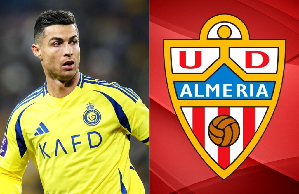 Cristiano Ronaldo invests in spanish football: Acquires 25% of UD Almería Two images: on one side, CR7 in the middle of a match with Al Nassr, and on the other, the Almería club crest