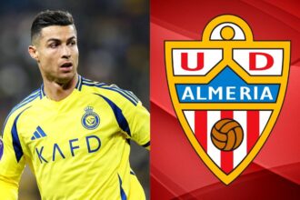 Cristiano Ronaldo invests in spanish football: Acquires 25% of UD Almería Two images: on one side, CR7 in the middle of a match with Al Nassr, and on the other, the Almería club crest