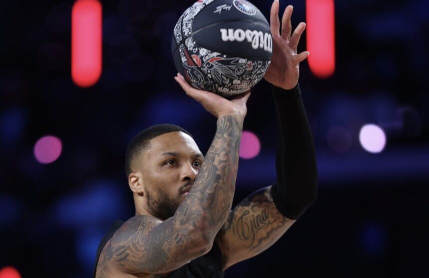 The Portland star practicing his shots before the Three-Point Contest