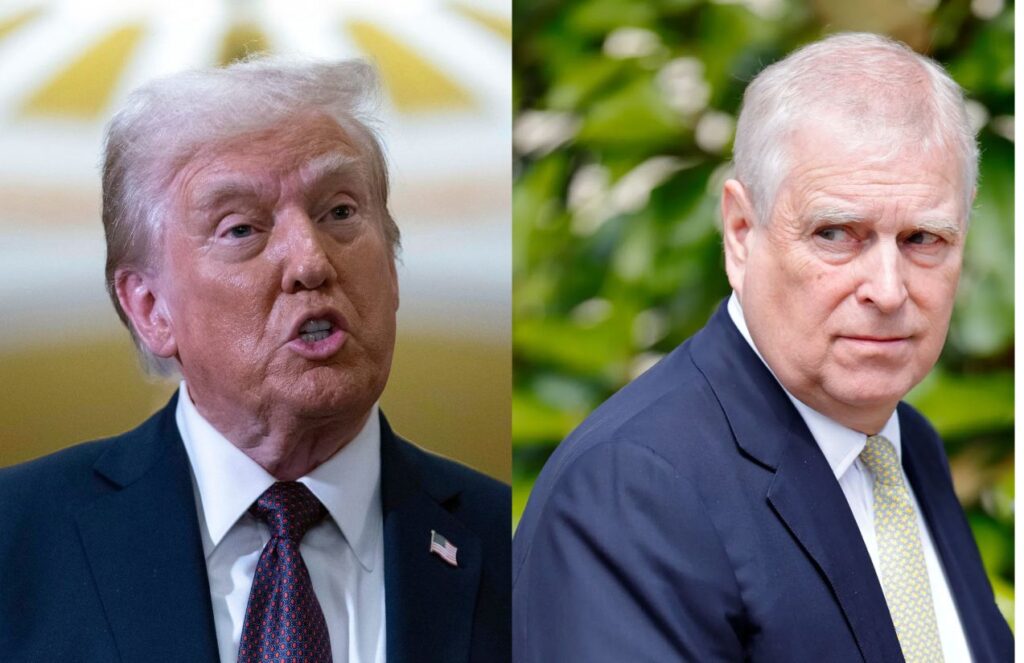 An image of Donald Trump alongside Prince Andrew, both wearing elegant suits and stern expressions
