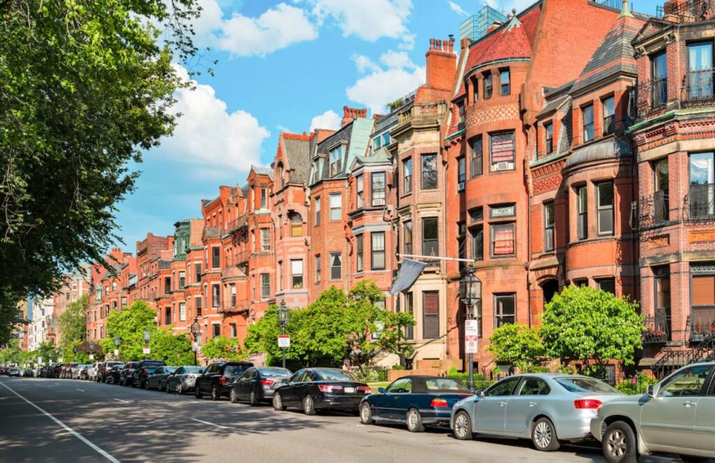 A luxurious neighborhood in the United States with its houses and parked cars