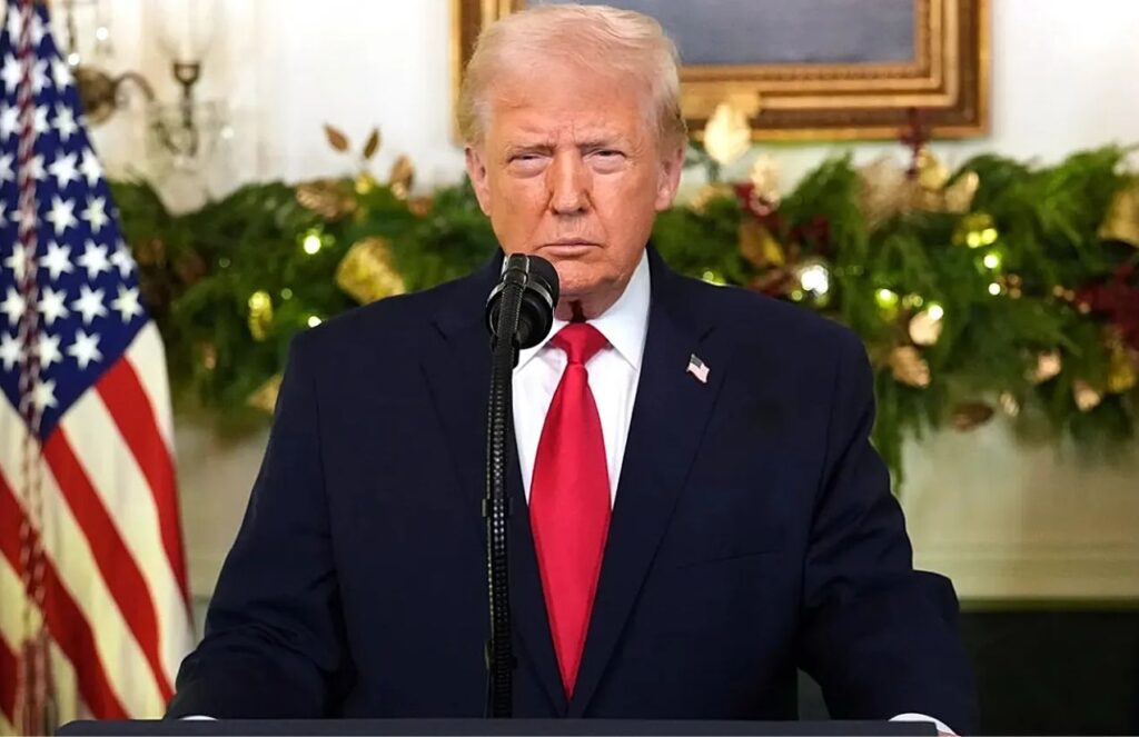 Donald Trump speaking with his supporters and close associates inside the White House