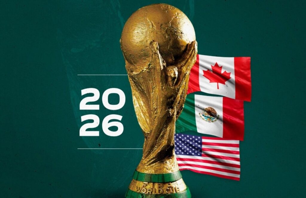 FIFA requests security reports from Mexico amid 2026 World Cup concerns The World Cup trophy on a green set with the flags of Canada, the United States, and Mexico beside it