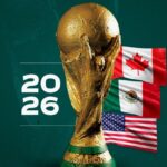 The World Cup trophy on a green set with the flags of Canada, the United States, and Mexico beside it