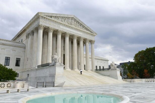 A panoramic image of the United States Supreme Court building with its विशाल pillars and imposing architecture