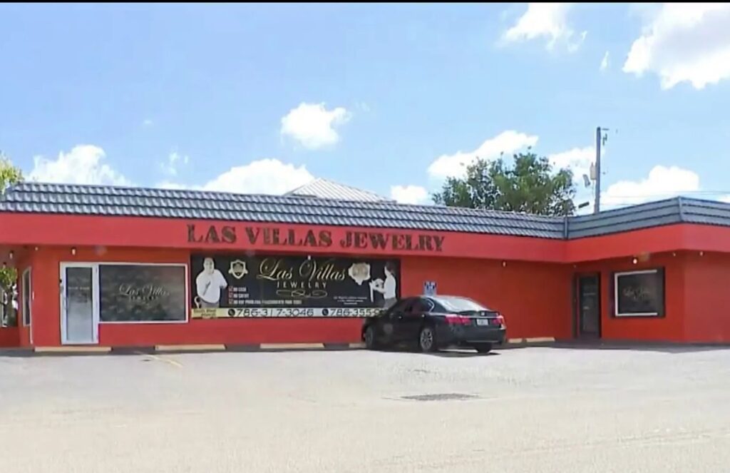 Jewelry store owner in Miami and Hialeah arrested for selling counterfeit luxury jewelry A photo of the Las Villas Jewelry store, featuring its striking red color and a black sign with gold lettering