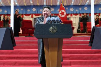 Kim Jong-un speaking in front of all his supporters at a massive event