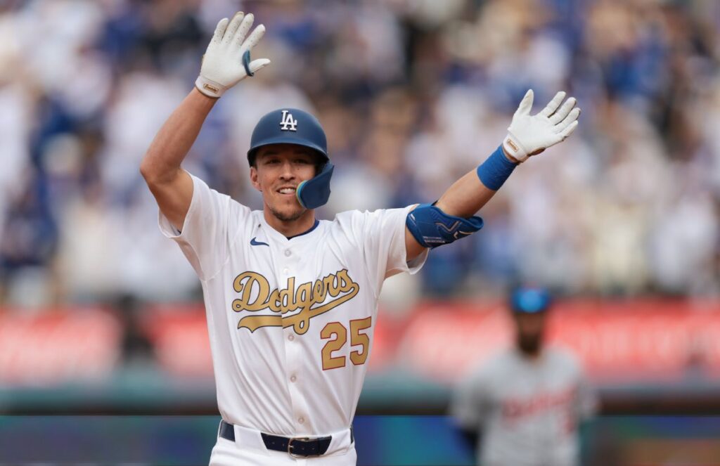 Los Angeles Dodgers lose a key piece ahead of Opening Day 2026 Edman performing the Dodgers’ typical celebration after hitting a base hit