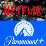 The Netflix logo and name displayed on a sign with several of its series in the background, and on the other side, the Paramount logo
