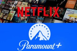 The Netflix logo and name displayed on a sign with several of its series in the background, and on the other side, the Paramount logo