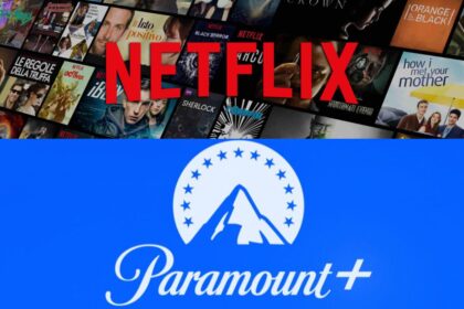 The Netflix logo and name displayed on a sign with several of its series in the background, and on the other side, the Paramount logo