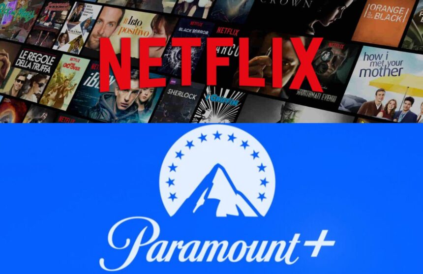 The Netflix logo and name displayed on a sign with several of its series in the background, and on the other side, the Paramount logo