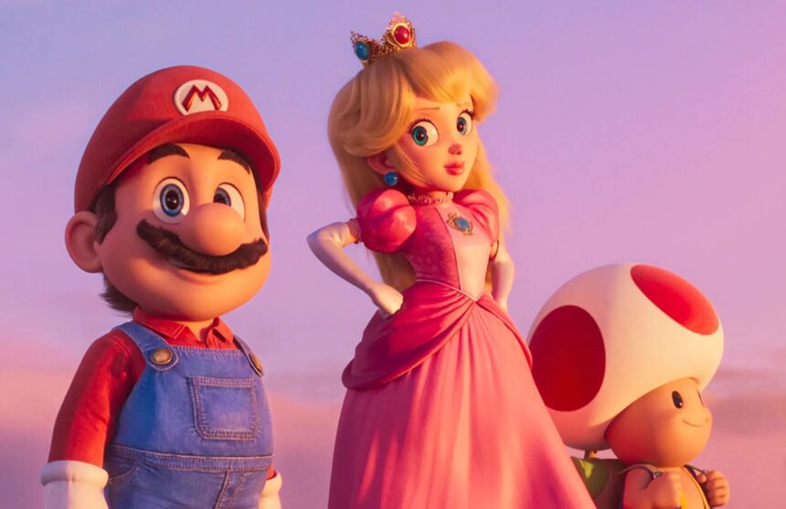 Mario, Princess Peach, and Toad looking at the horizon from a mountain