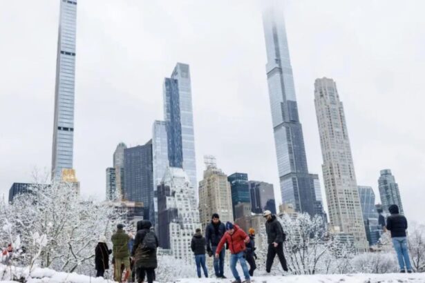 Several people enjoying a New York City blanketed by icy snow
