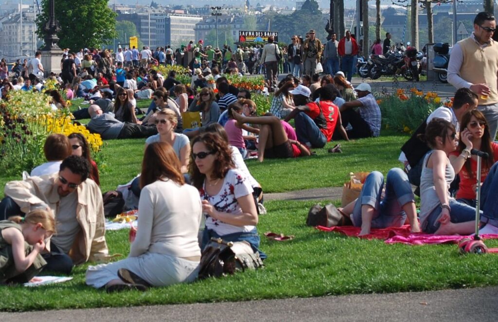 Many people sitting on the grass in a park having a picnic