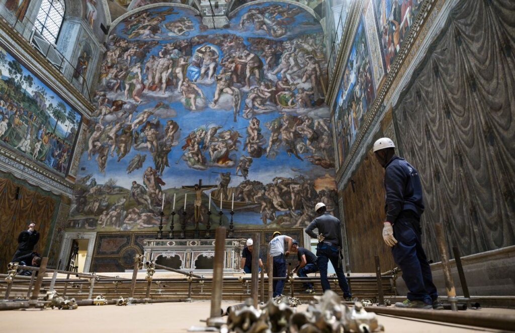 The beautiful and majestic artwork being cleaned by expert restoration specialists