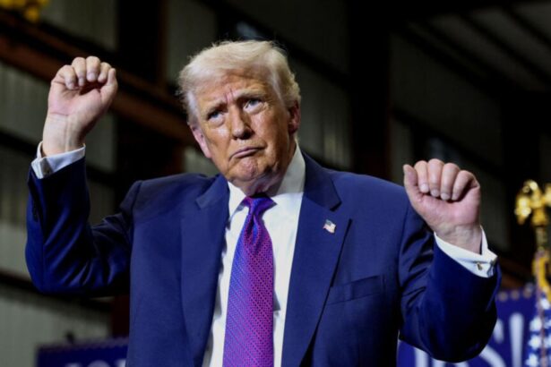 Trump celebrates joyfully, raising both arms over what happened at the Peace Council