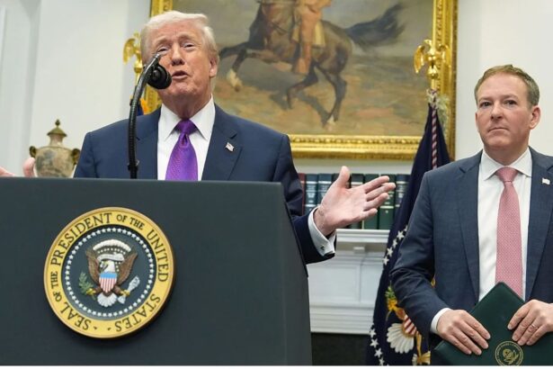 Trump addressing his supporters at the White House, delivering a speech with one of his staff members by his side