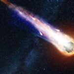 A meteorite surrounded by fire crossing through space near planet Earth