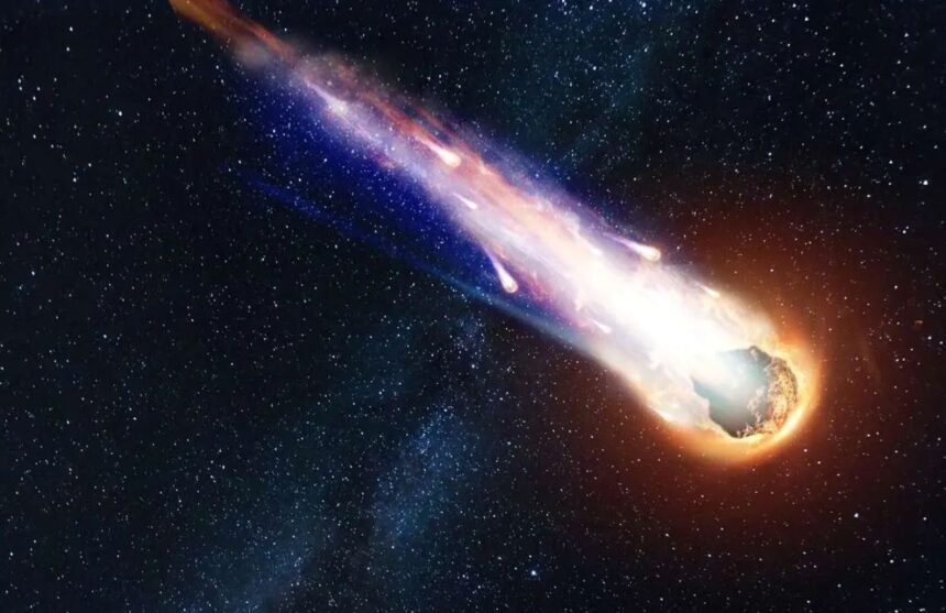 A meteorite surrounded by fire crossing through space near planet Earth